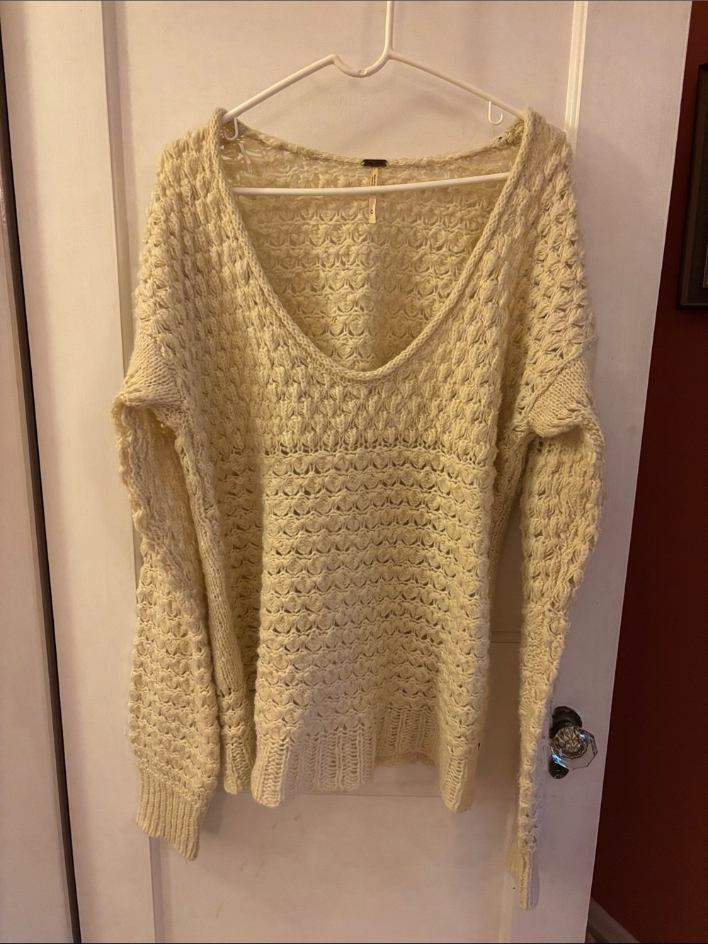Free People Cream Cable V-Neck Sweater